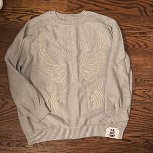 We The Free Gray Swan Embroidered Crewneck Sweater